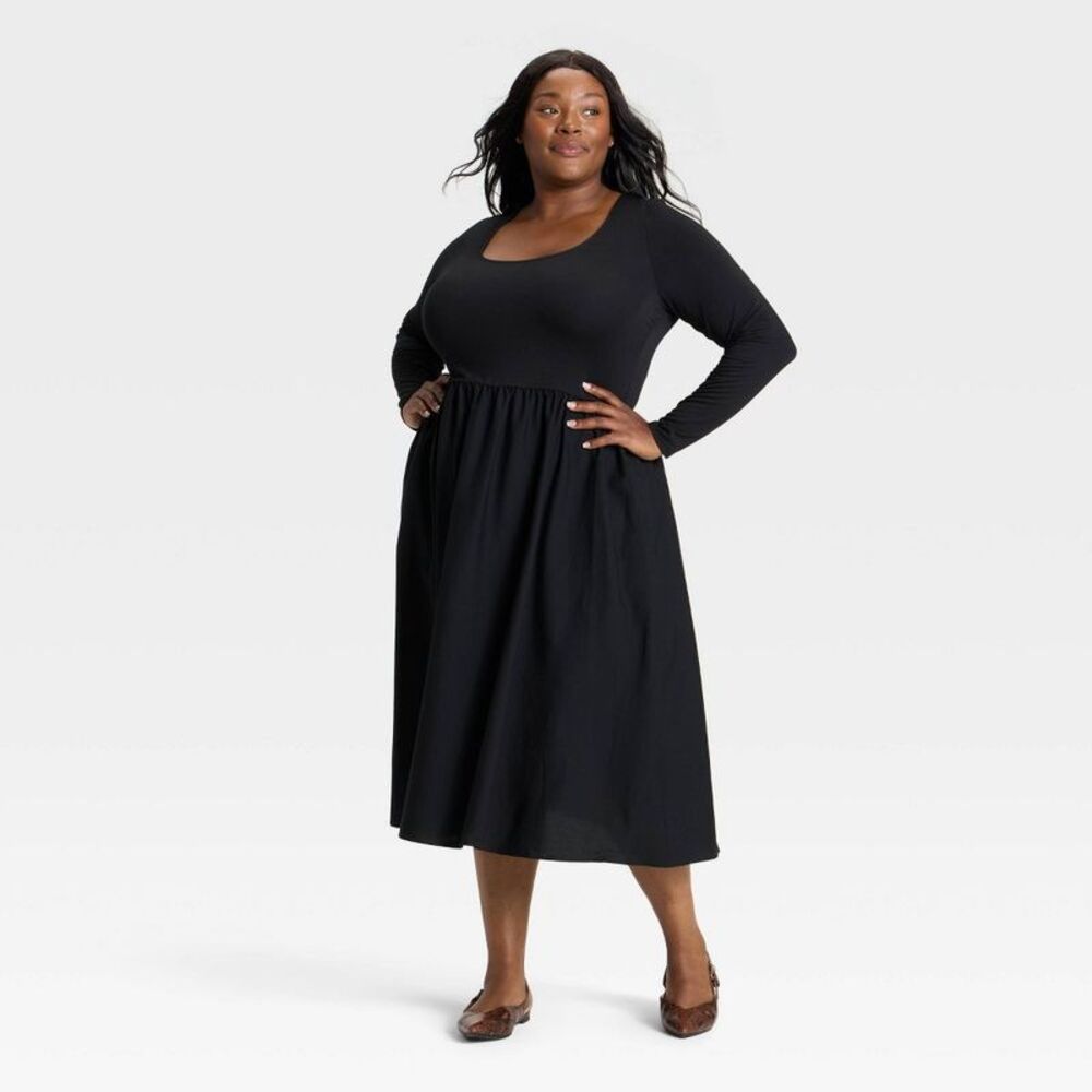 Women's Long Sleeve Knit Midi A-Line Dress - Ava & Viv Black XXL